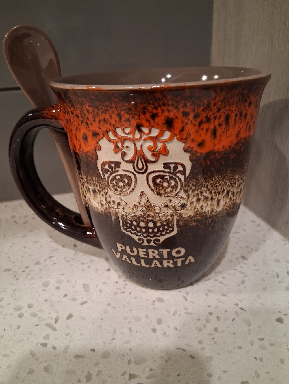 Puerto Vallarta Ceramic Sugar Skull Mug in Orange and Brown